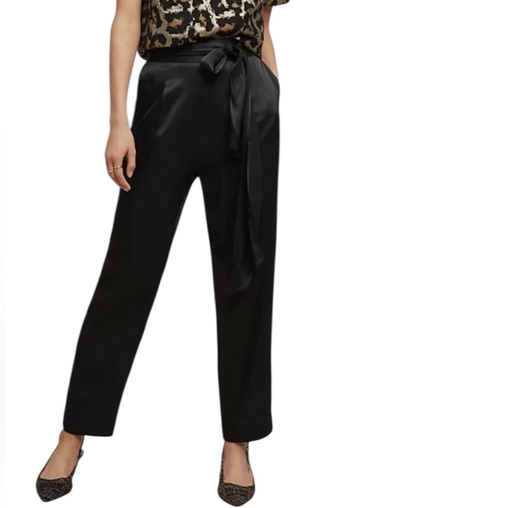 Anthropologie ett:twa Satin Black Tie Waist Wide Leg Trouser Ankle Pants Size 14 - Picture 1 of 16